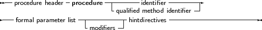  --procedure header procedure---------identifier---------
                            -qualified method identifier-|
----formal parameter list|----------hintdirectives ----------------------
                     -modifiers -
     
